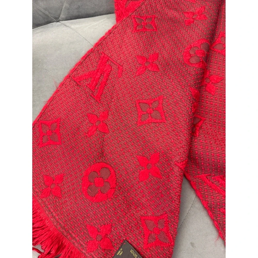 Flat $200 Sale Louis Vuitton Logomania Scarf Ruby Red‎ Wool Silk Monogram M72432